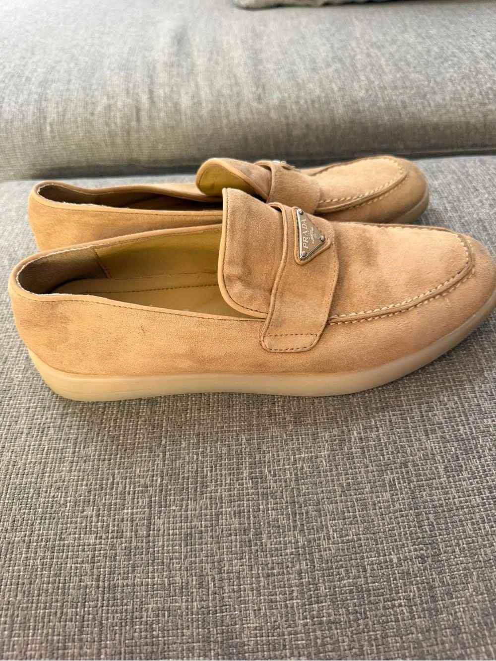 Prada Ecru Suede Loafers Metal Logo $1100